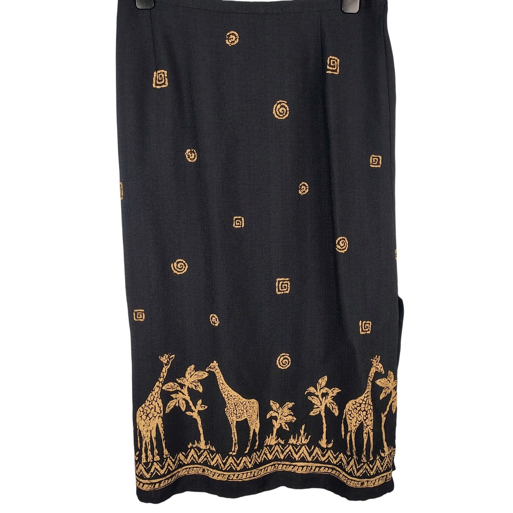 Alfred Dunner Womens SZ 16P Giraffe Safari Midi Skirt Black Gold Global Core